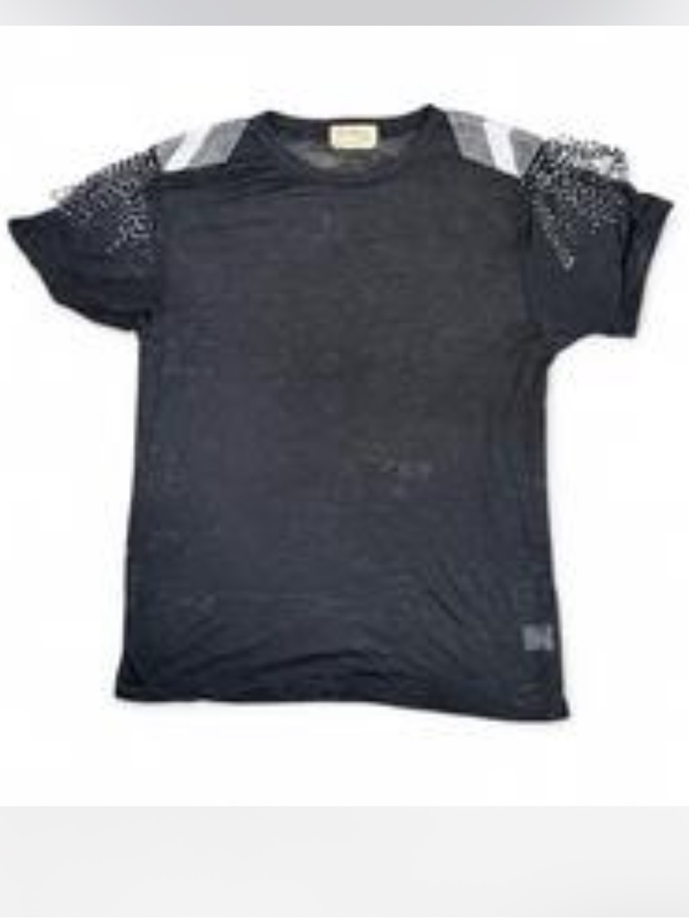 Torn by Ronny Kobo Beaded Fringe Shoulder Tee Black Burnout Top Size S Y2K